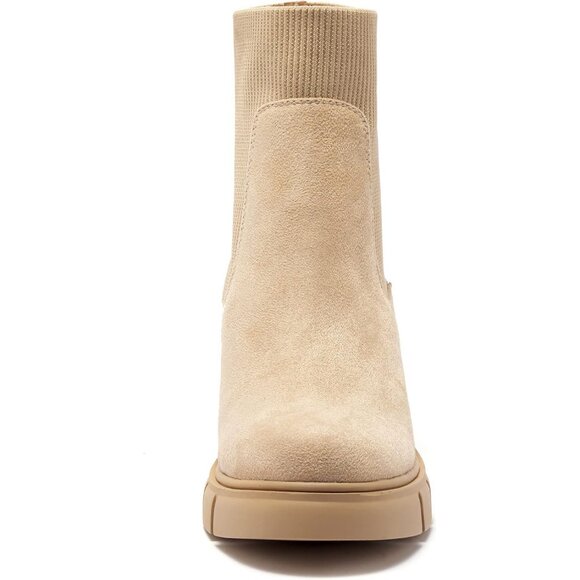 Women's Nude Suede Elastic Chelsea Boots Chunky Block Heel Platform Ankle Boots - Picture 3 of 6